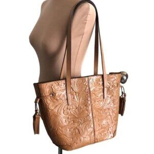 Patricia Nash Kemble Tote Biscuit Brown Tooled Leather Shoulder Handbag